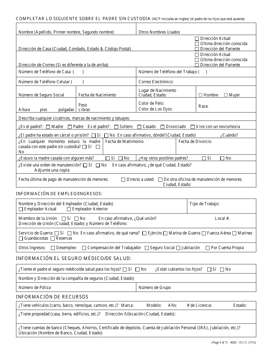 Formulario 4000-EC / S Solicitud De Manutencion De Los Hijos - Nevada (Spanish), Page 5