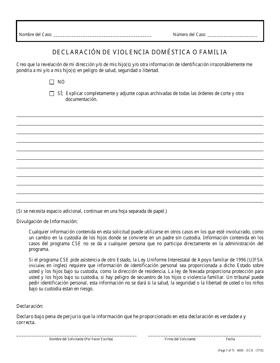 Formulario 4000-EC / S Solicitud De Manutencion De Los Hijos - Nevada (Spanish), Page 7