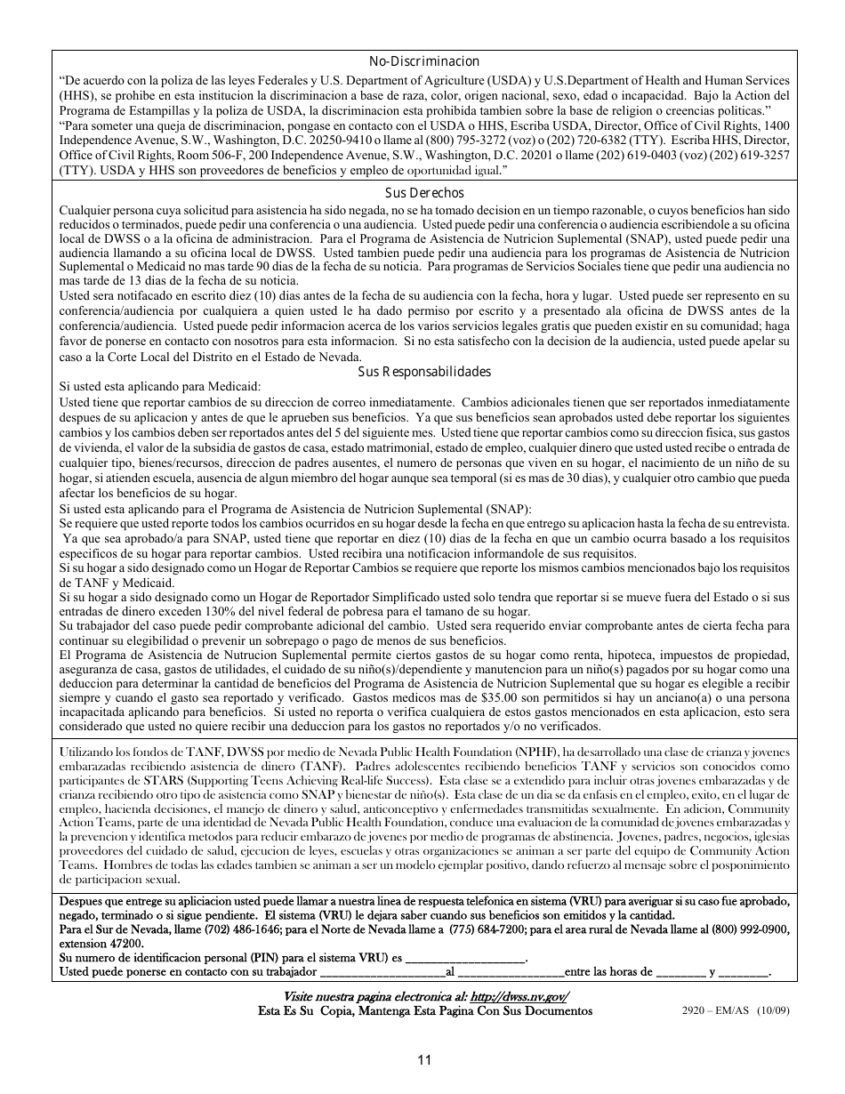 Formulario 2920-EMS Aplicacion Para Asistencia - Nevada (Spanish), Page 13