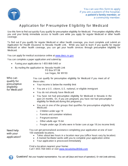 Application for Presumptive Eligibility for Medicaid - Nevada Download Pdf