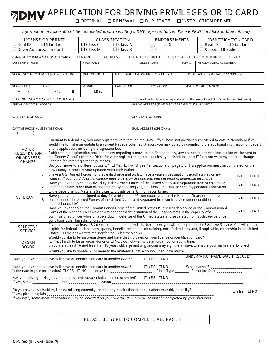 Form DMV-002 Application for Driving Privileges or Id Card - Nevada, Page 1