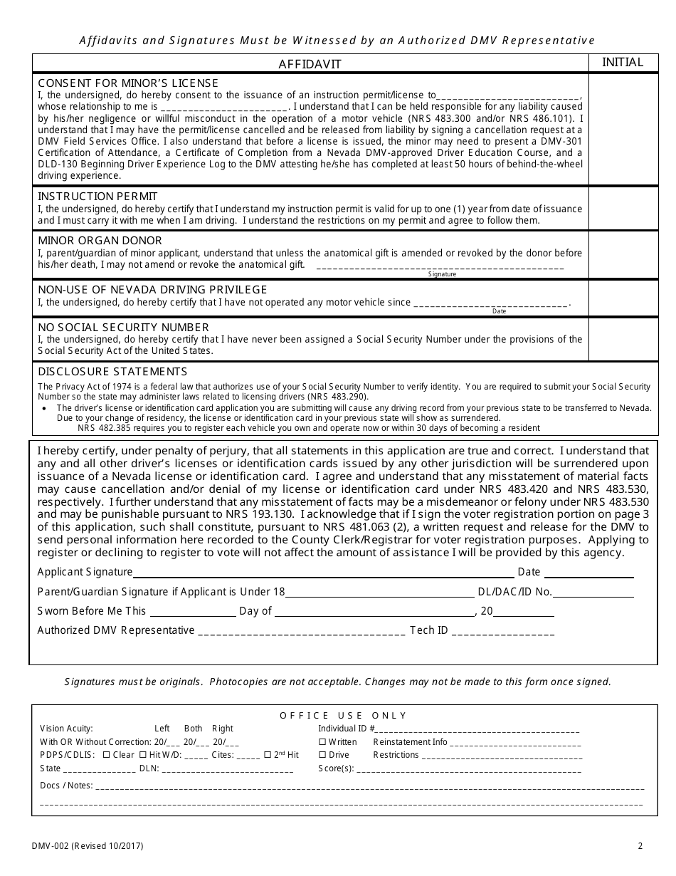 Form DMV-002 Application for Driving Privileges or Id Card - Nevada, Page 2