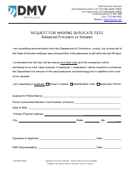 Document preview: Form DP190 Request for Waiving Duplicate Fees - Released Prisoners or Inmates - Nevada