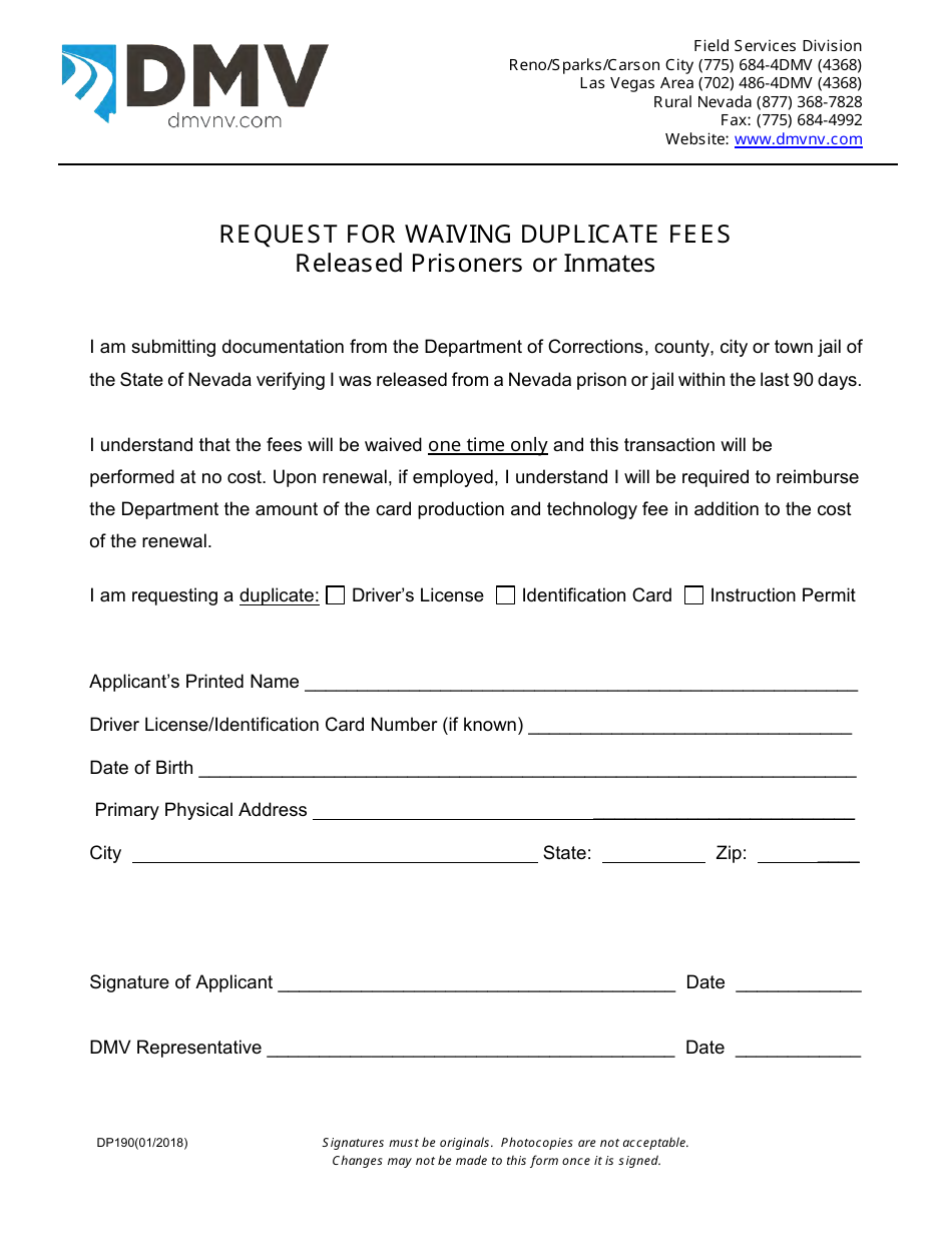 Form DP190 Request for Waiving Duplicate Fees - Released Prisoners or Inmates - Nevada, Page 1