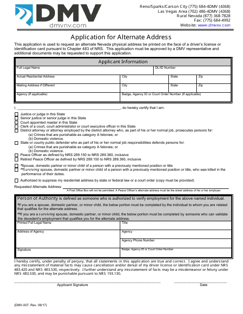 Form DMV-007 Application for Alternate Address - Nevada