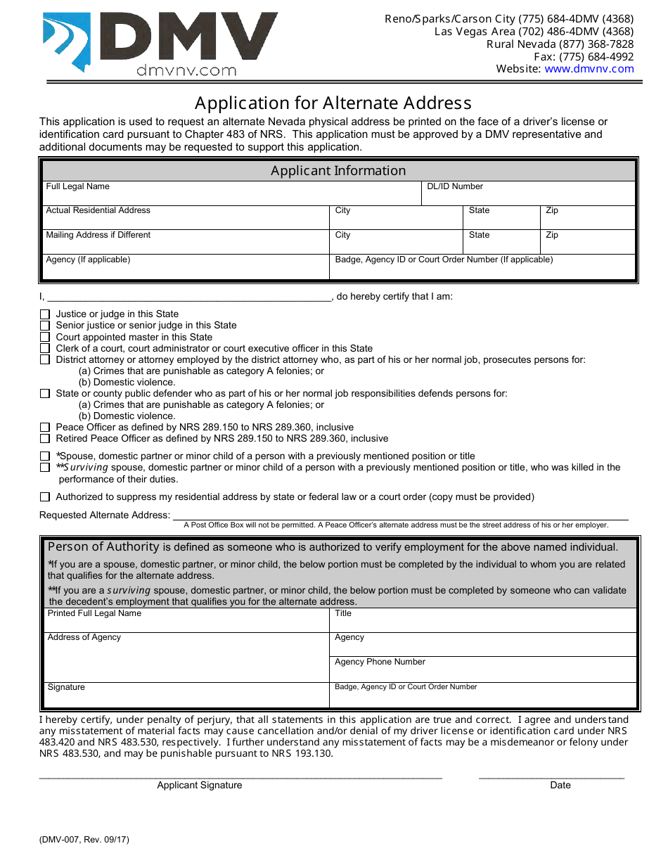 Form DMV-007 Application for Alternate Address - Nevada, Page 1