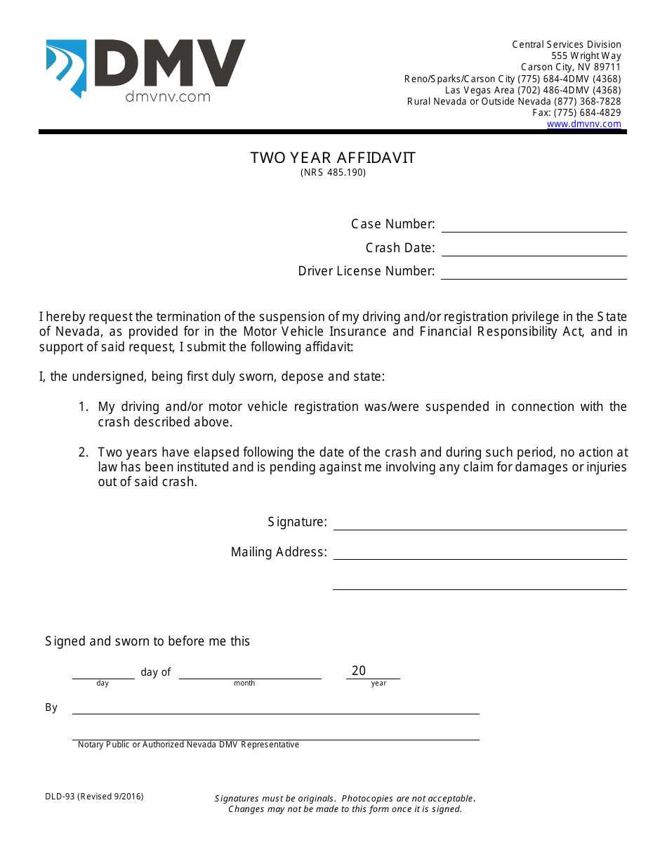 Form DLD-93 Two Year Affidavit - Nevada, Page 1