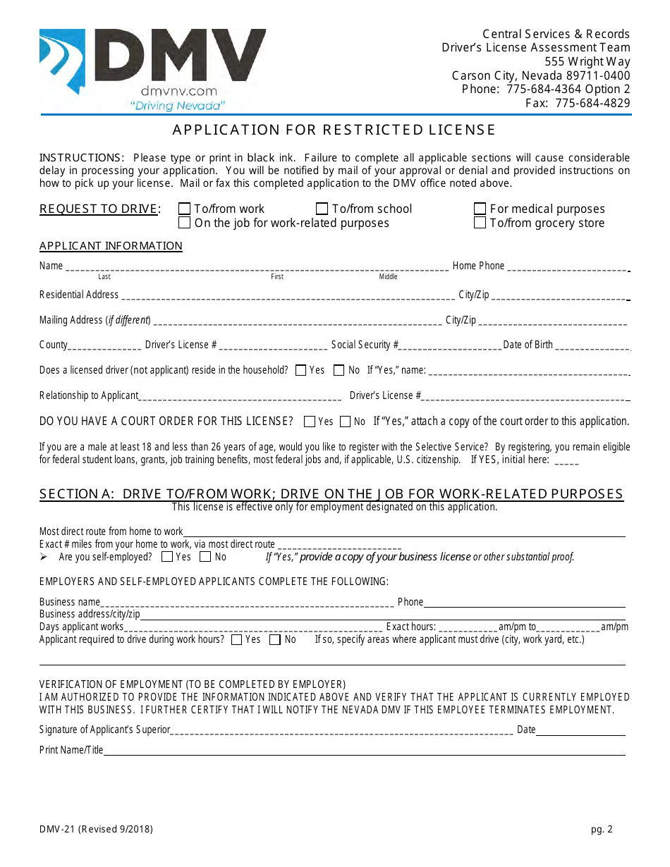 Form DMV-21 - Fill Out, Sign Online and Download Fillable PDF, Nevada ...