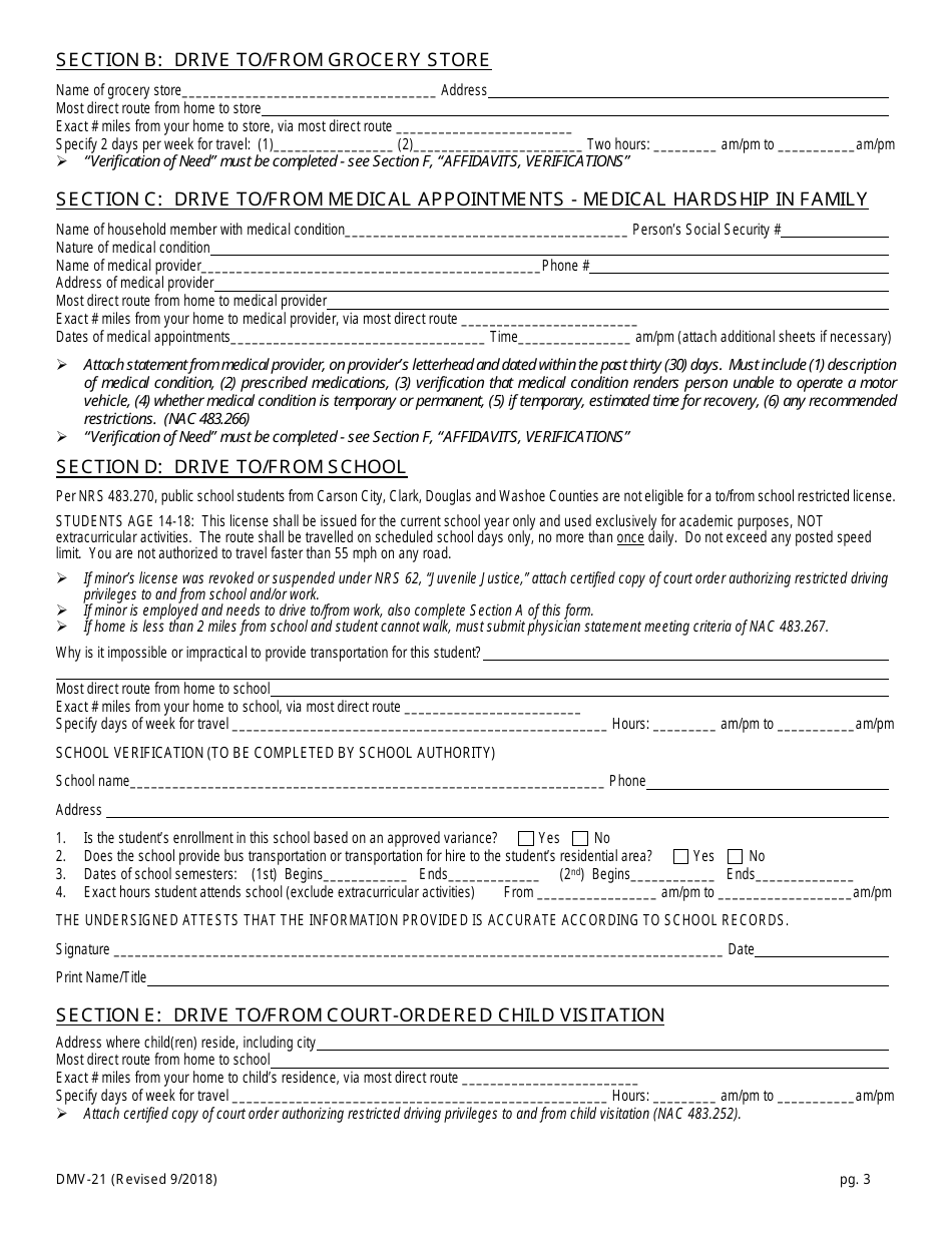 Form DMV-21 Application for Restricted License - Nevada, Page 3