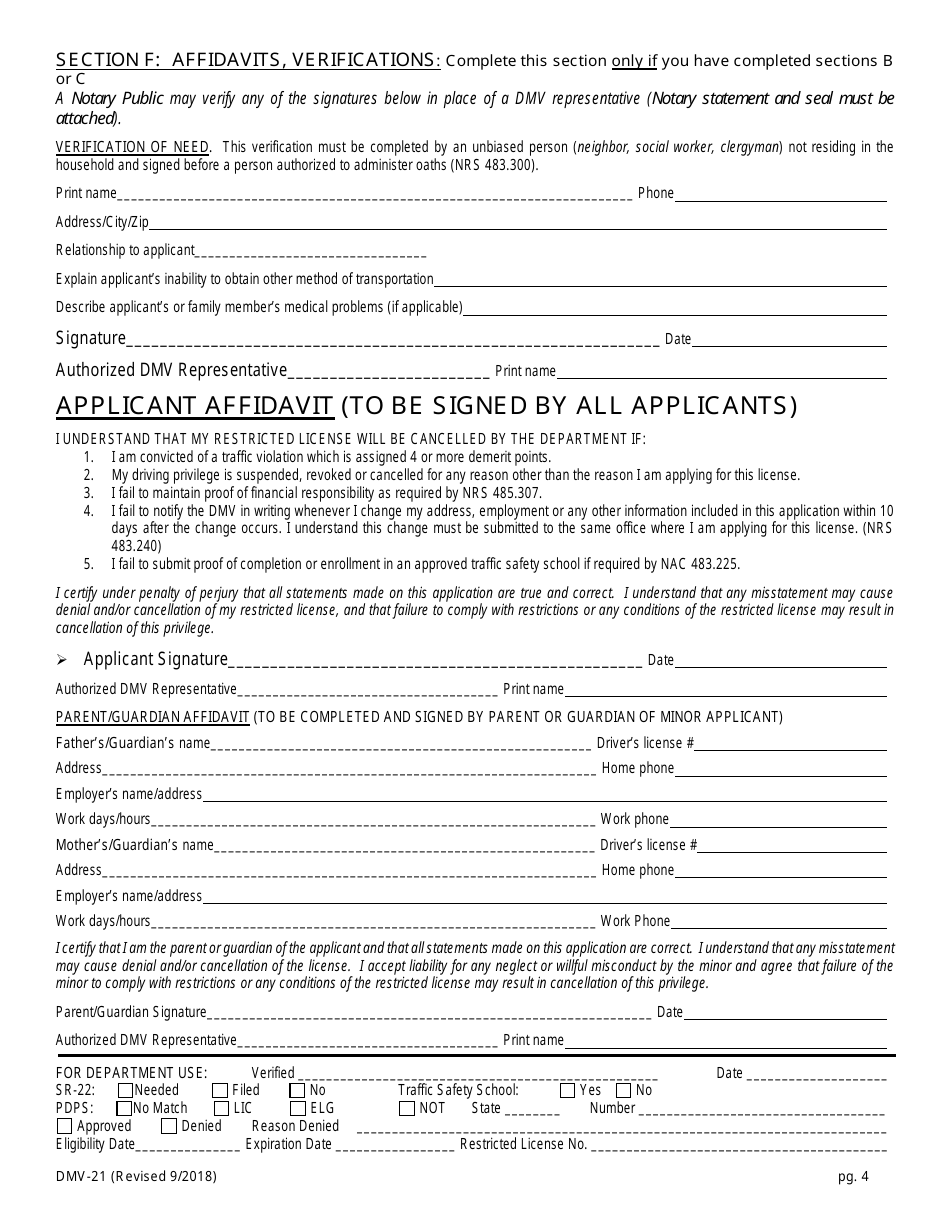 Form DMV-21 Application for Restricted License - Nevada, Page 4