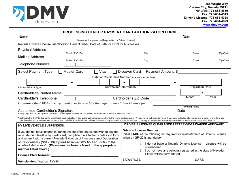 Form NVL007 Processing Center Payment Card Authorization Form - Nevada