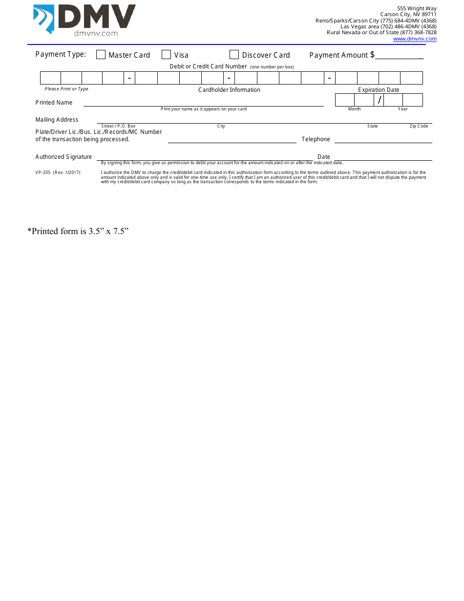 Form VP-205 Payment Authorization - Nevada, Page 1