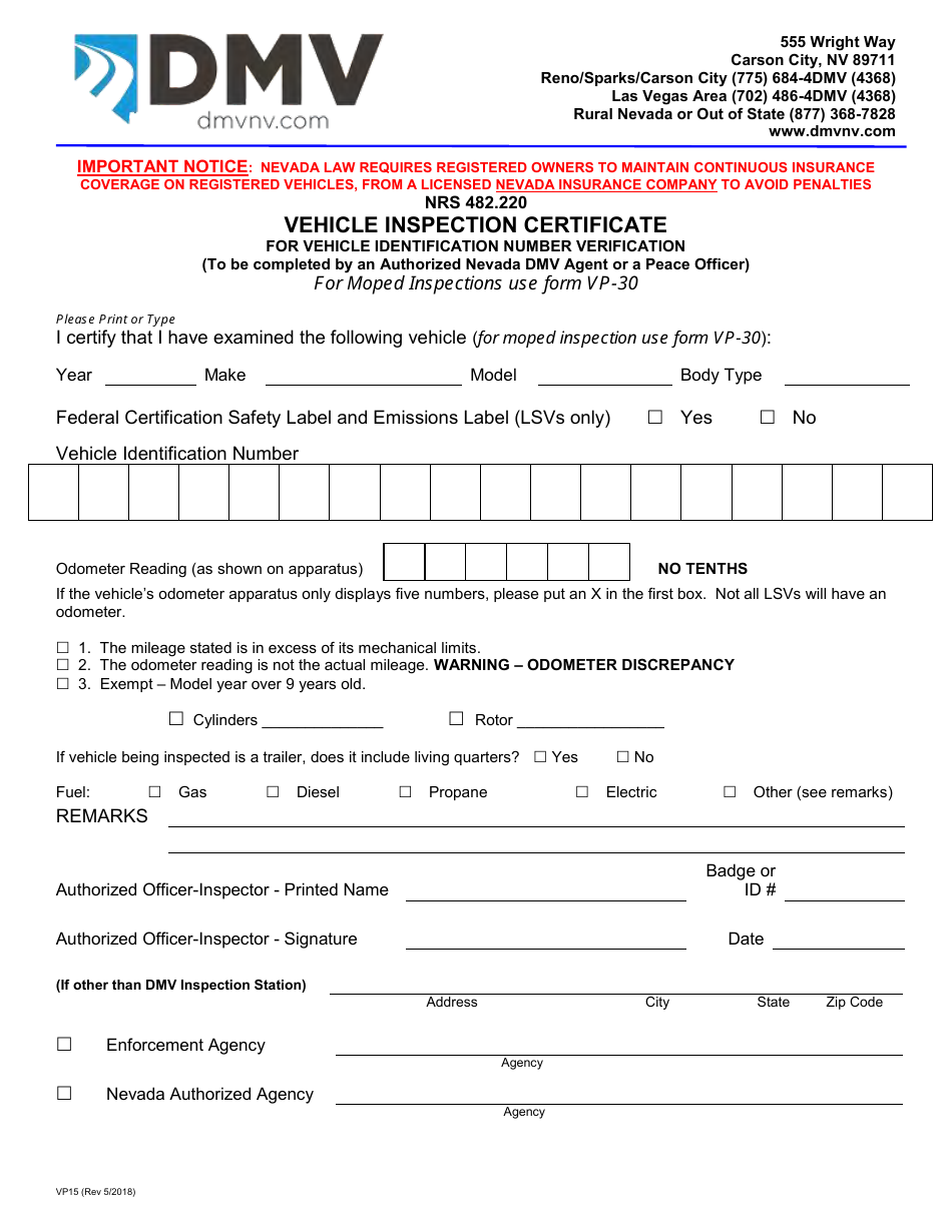 Form VP-15 Vehicle Inspection Certificate for Vehicle Identification Number Verification - Nevada, Page 1