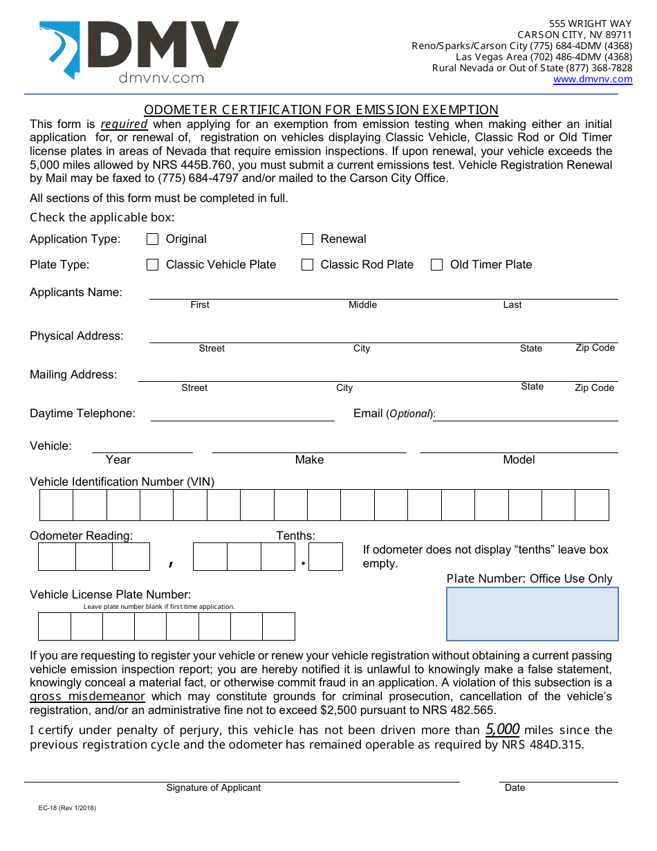 Form EC-18 Odometer Certification for Emission Exemption - Nevada, Page 1