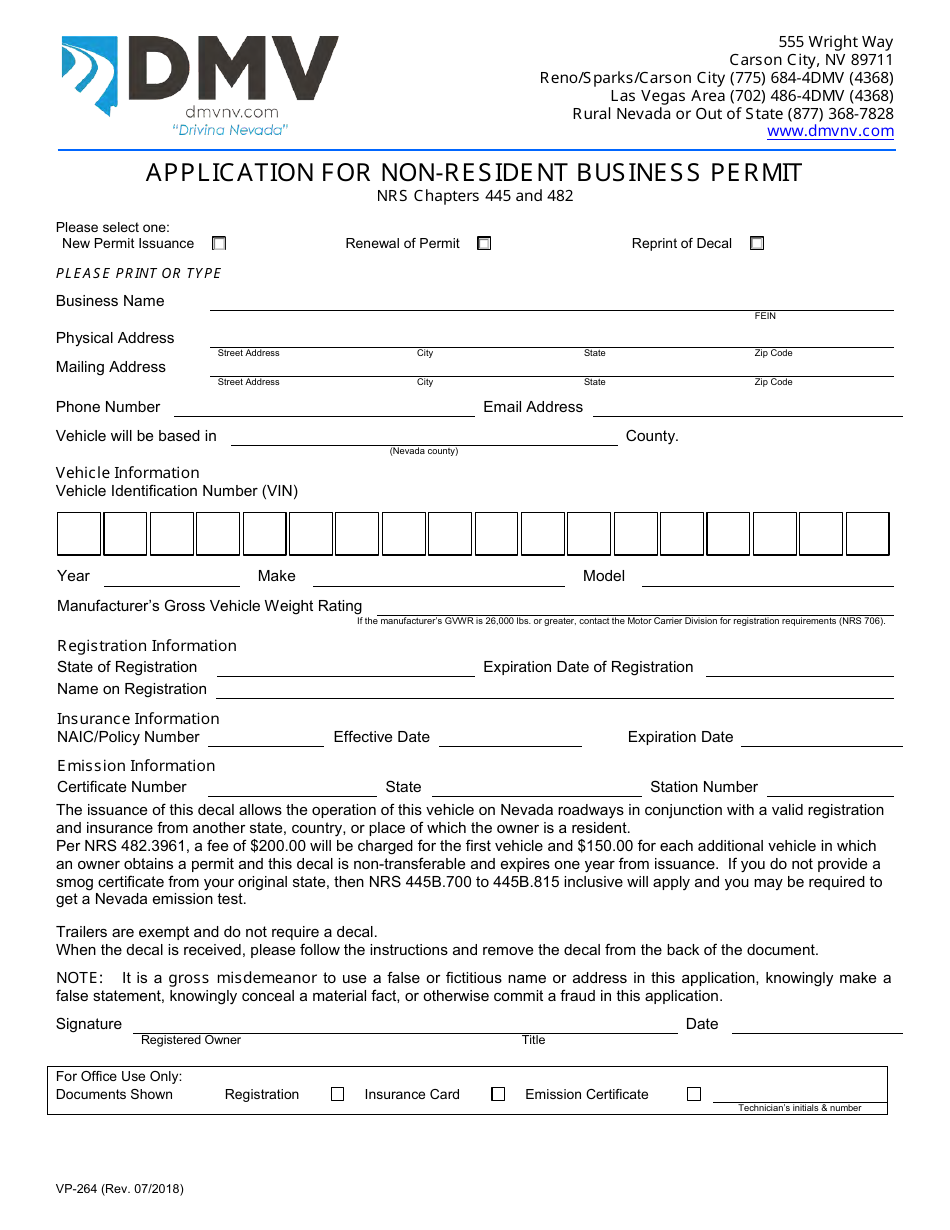 Form VP-264 Application for Non-resident Business Permit - Nevada, Page 1