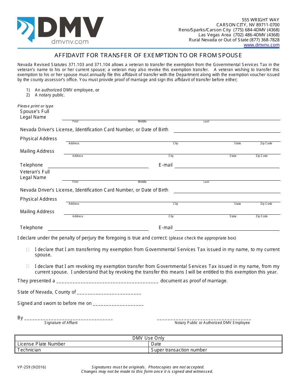 Form VP-259 - Fill Out, Sign Online and Download Fillable PDF, Nevada ...