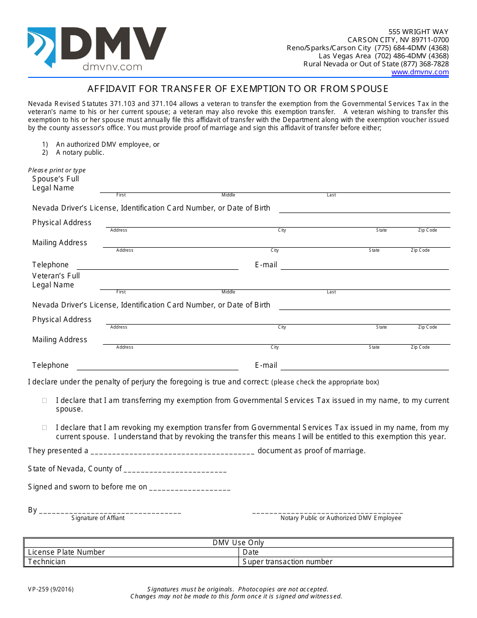 Form VP-259 Affidavit for Transfer of Exemption to or From Spouse - Nevada, Page 1