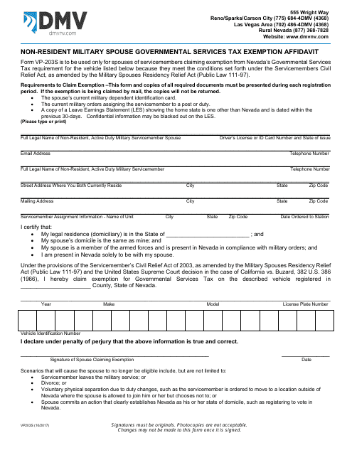 Form VP203S Non-resident Military Spouse Governmental Services Tax Exemption Affidavit - Nevada