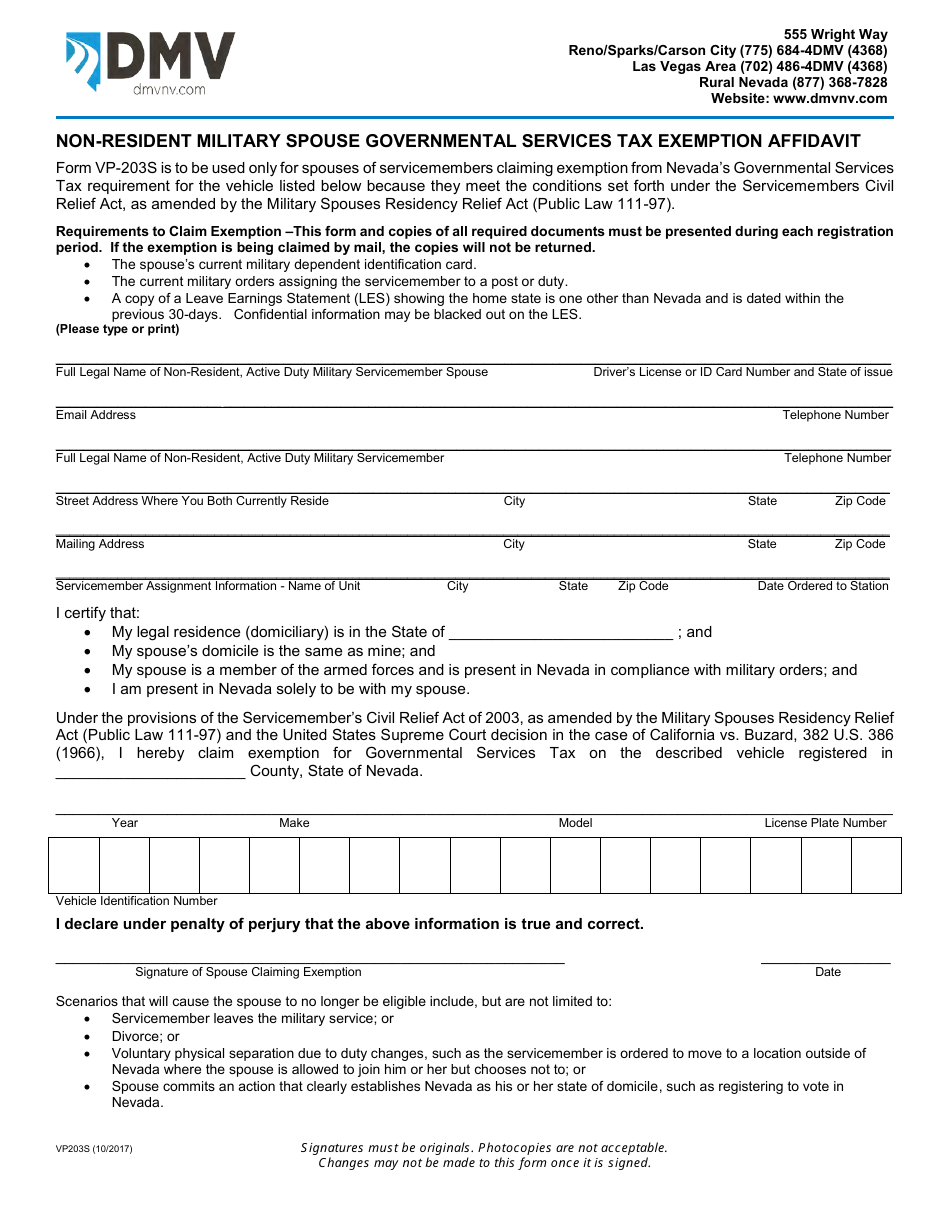 Form VP203S Non-resident Military Spouse Governmental Services Tax Exemption Affidavit - Nevada, Page 1