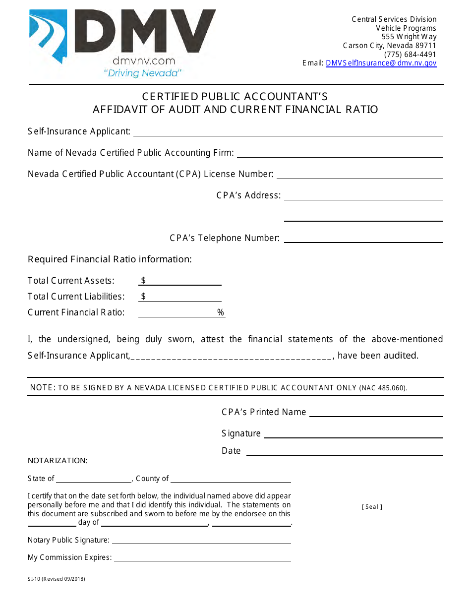 Form SI-10 Certified Public Accountants Affidavit of Audit and Current Financial Ratio - Nevada, Page 1