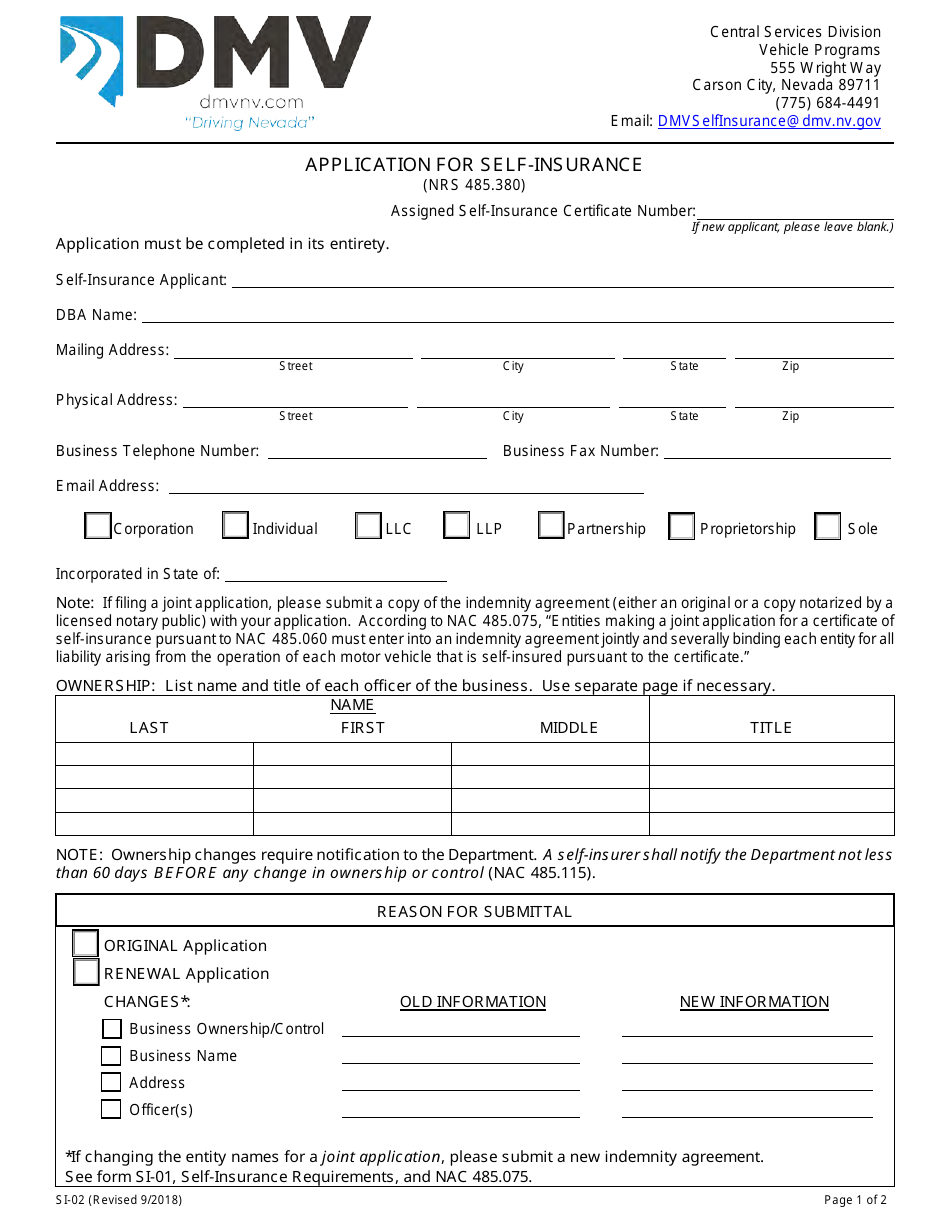 Form SI-02 Application for Self-insurance - Nevada, Page 1