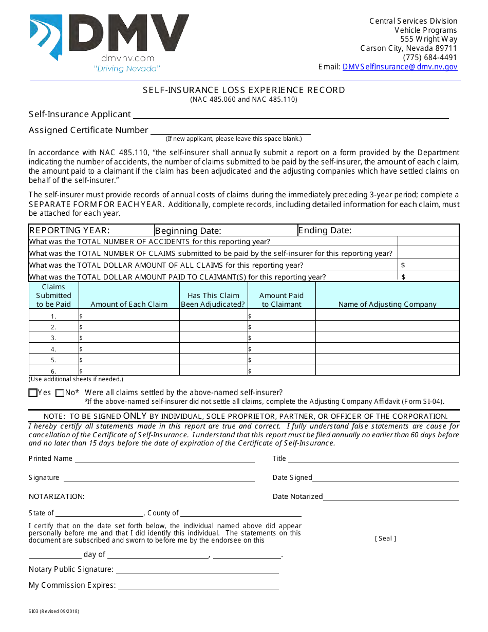 Form SI03 Self-insurance Loss Experience Record - Nevada, Page 1