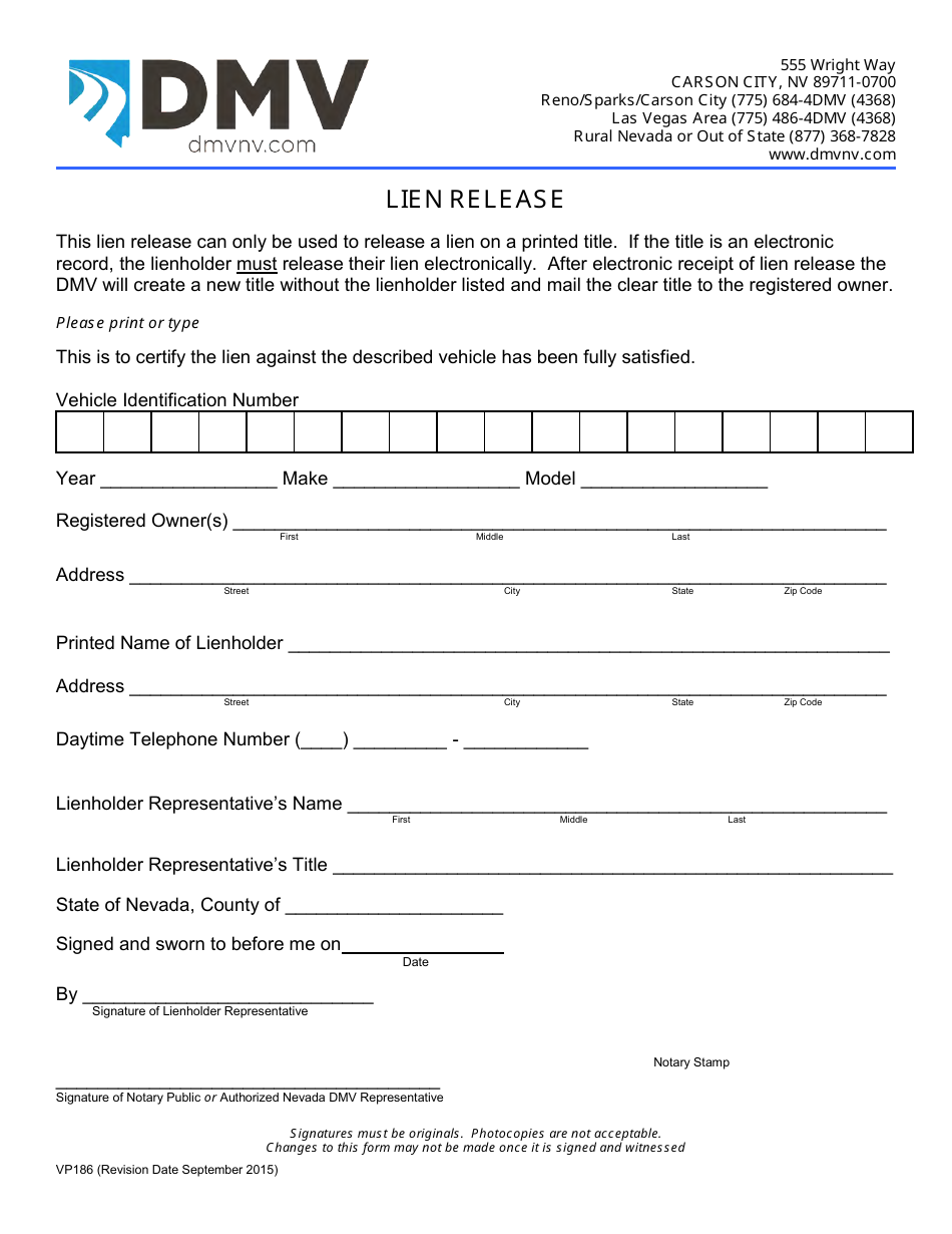 Form VP186 Lien Release - Nevada, Page 1