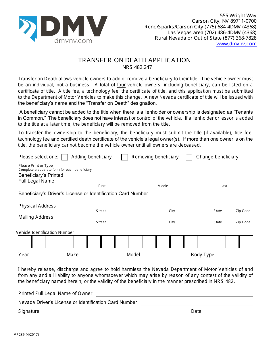 Form VP239 Transfer on Death Application - Nevada, Page 1