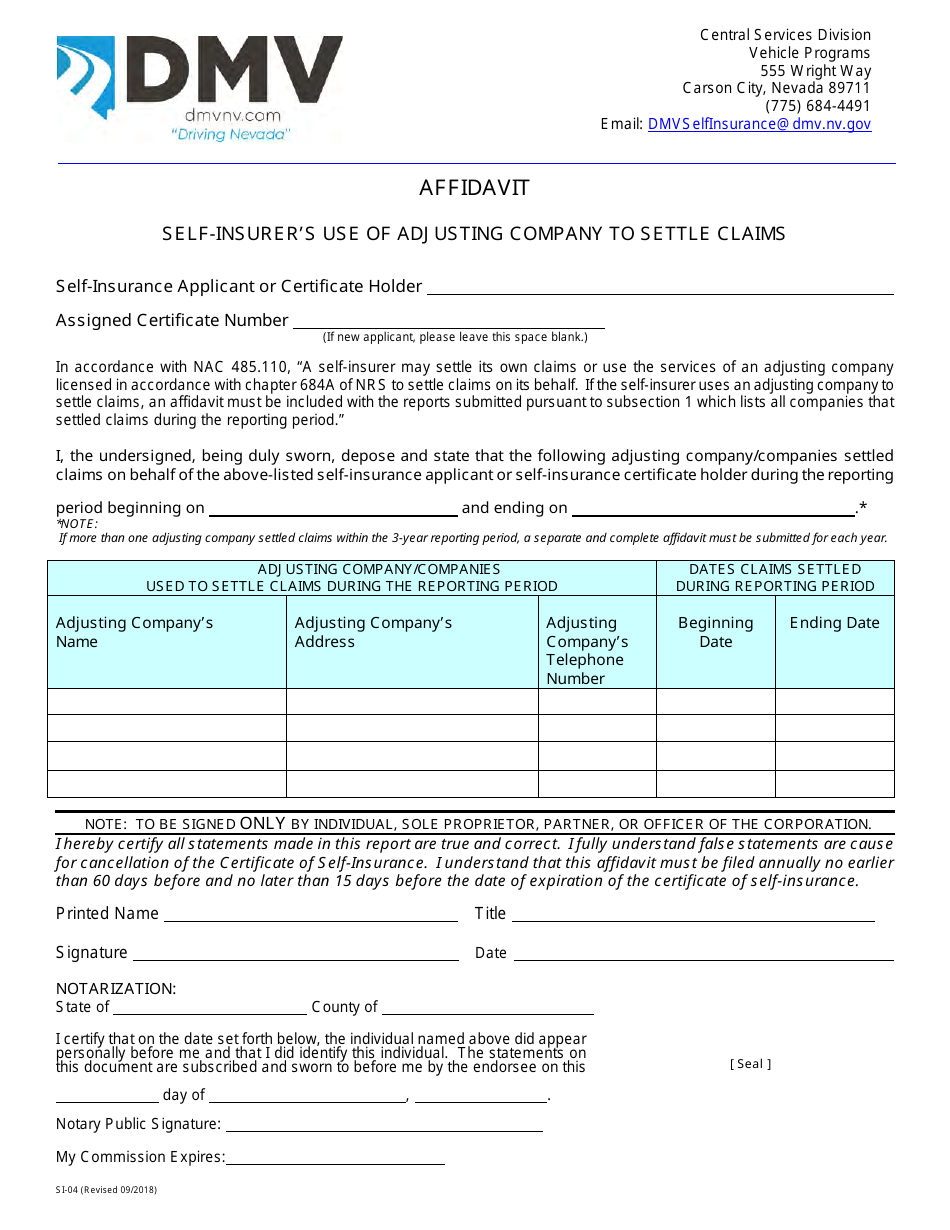 Form SI-04 Affidavit - Self-insurers Use of Adjusting Company to Settle Claims - Nevada, Page 1