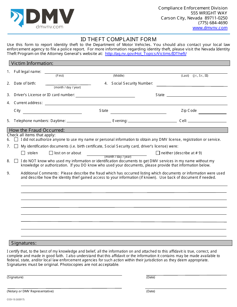 Form CED-13 Id Theft Complaint Form - Nevada, Page 1