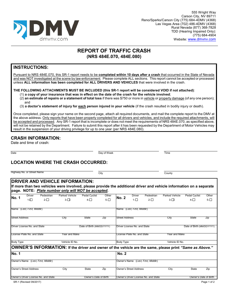 Form SR-1 Report of Traffic Crash - Nevada, Page 1