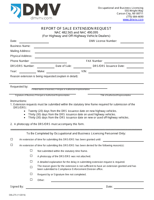 Form OBL275  Printable Pdf