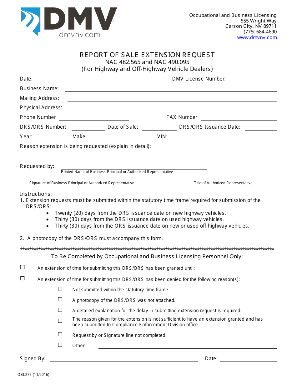 Form OBL275 Report of Sale Extension Request - Nevada, Page 1