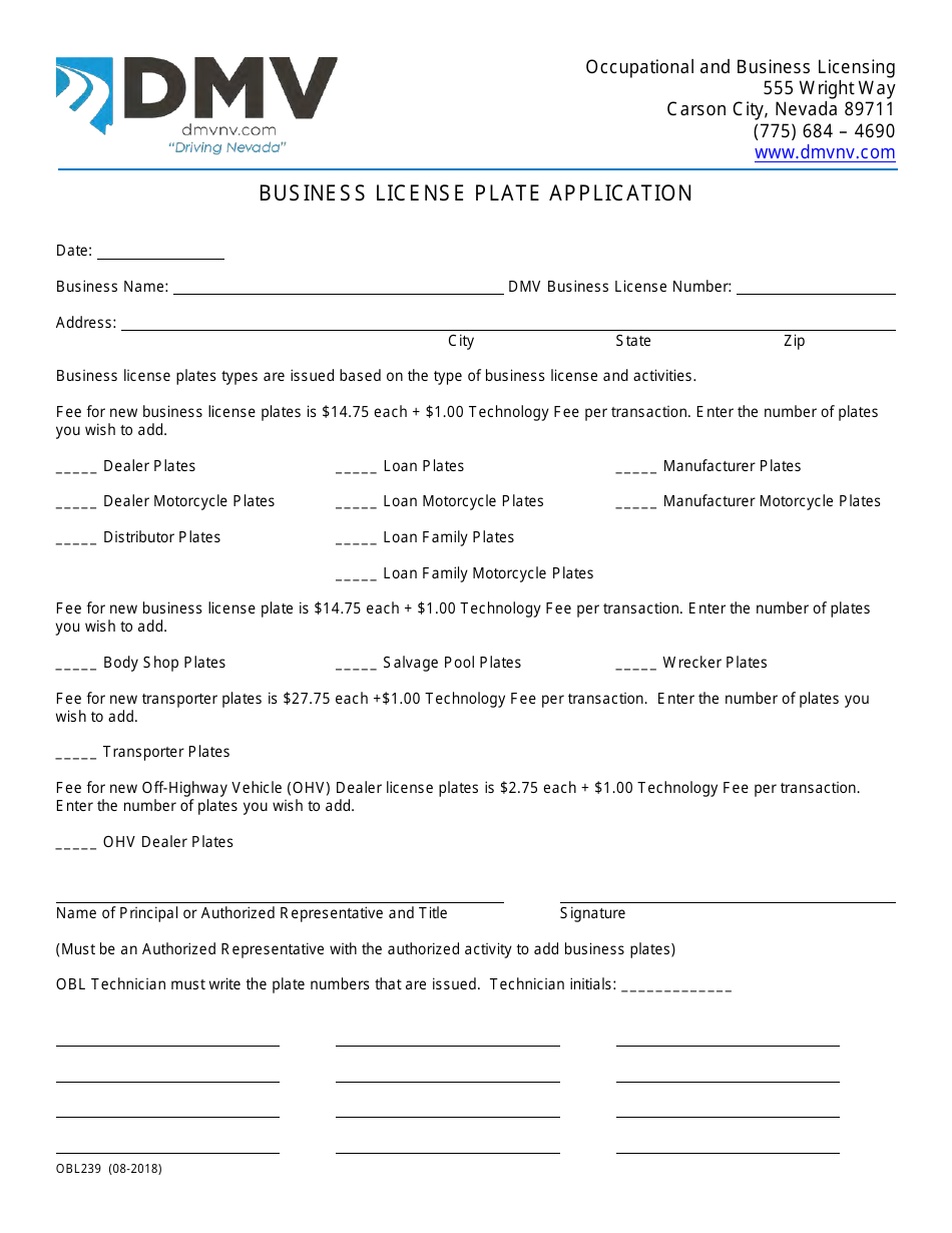 Form OBL239 Business License Plate Application - Nevada, Page 1