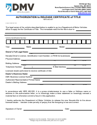 Document preview: Form VP-257 Authorization to Release Certificate of Title - Nevada
