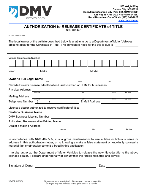 Form VP-257 Authorization to Release Certificate of Title - Nevada