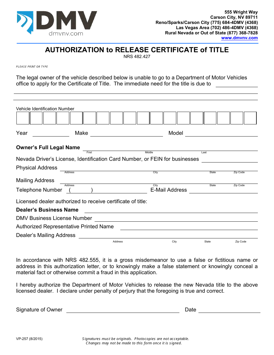 Form VP-257 Authorization to Release Certificate of Title - Nevada, Page 1