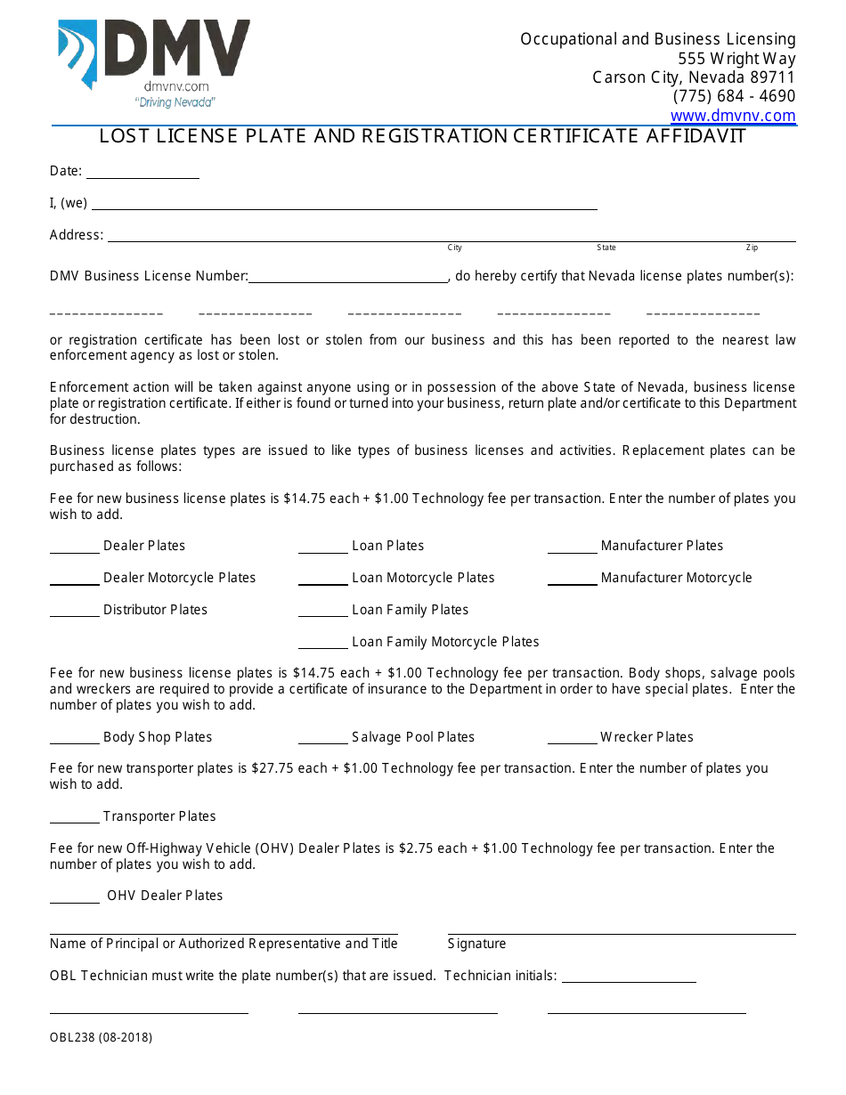 Form OBL238 Lost License Plate and Registration Certificate Affidavit - Nevada, Page 1