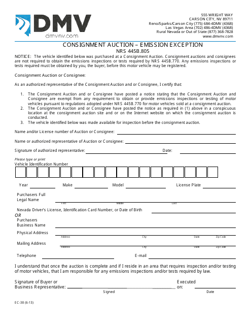 Form EC-38 Consignment Auction - Emission Exception - Nevada