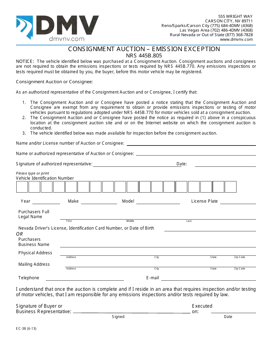Form EC-38 Consignment Auction - Emission Exception - Nevada, Page 1