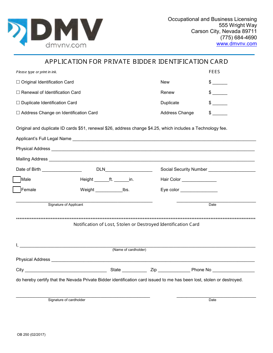 Form OB250 Application for Private Bidder Identification Card - Nevada, Page 1