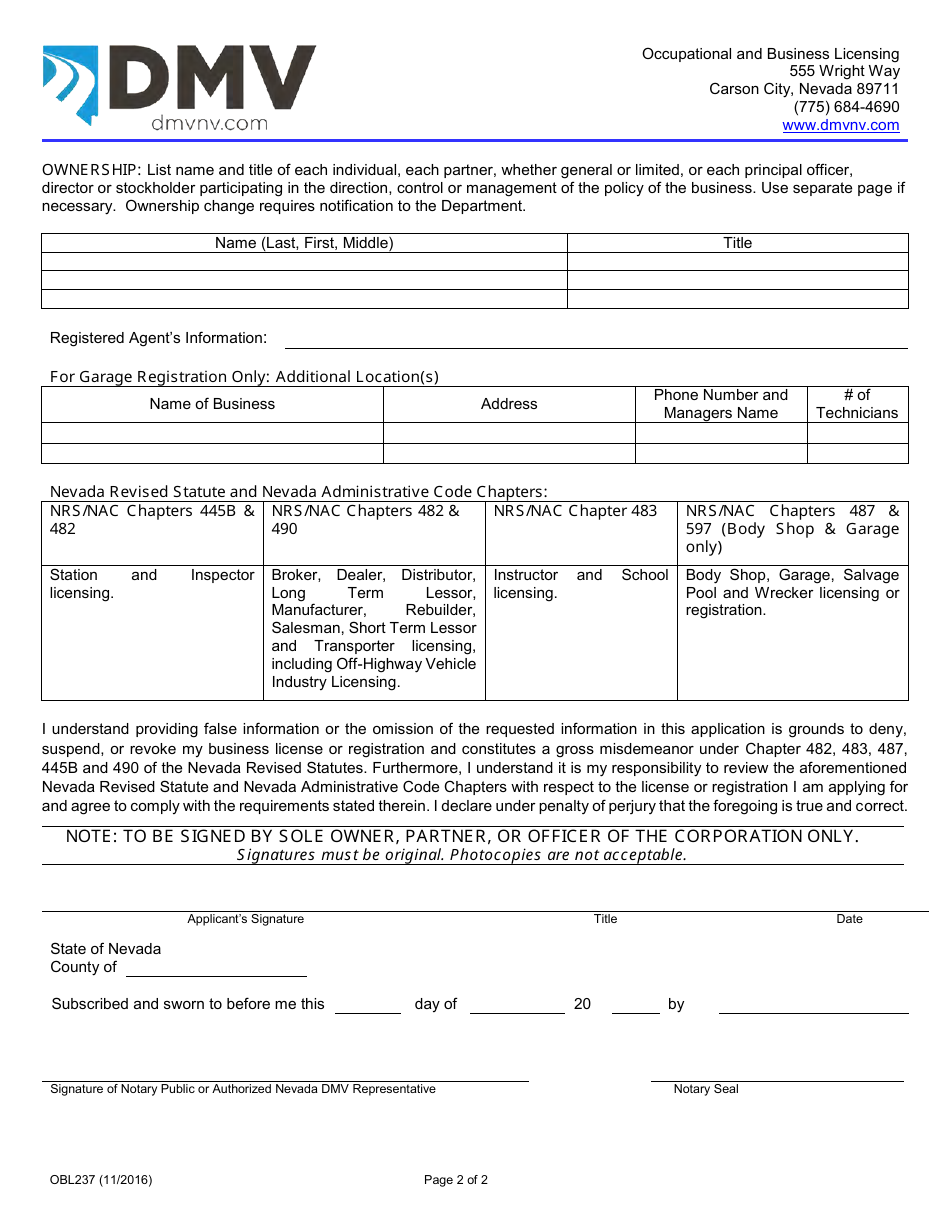 Form OBL237 - Fill Out, Sign Online and Download Fillable PDF, Nevada ...