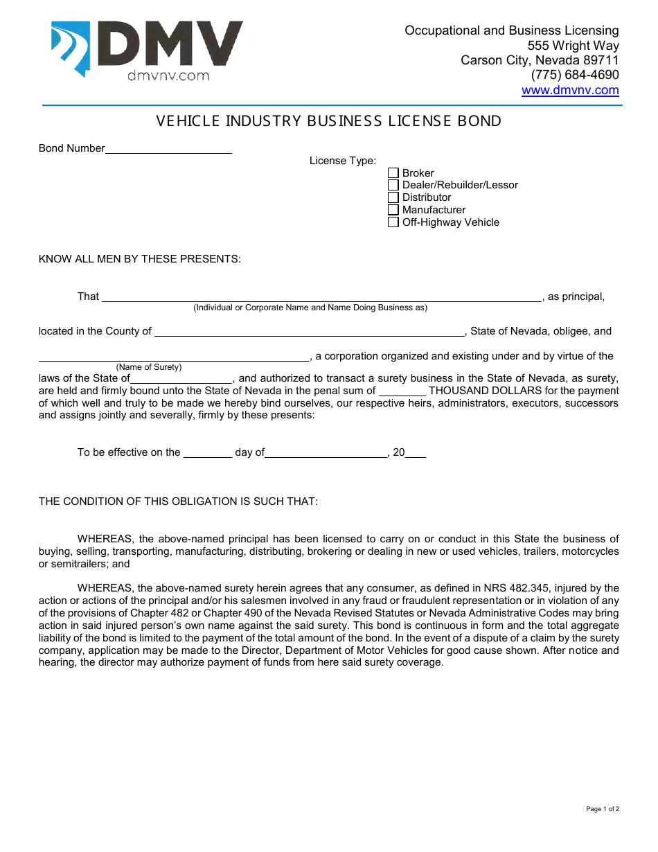 Form OBL210 Vehicle Industry Business License Bond - Nevada, Page 1