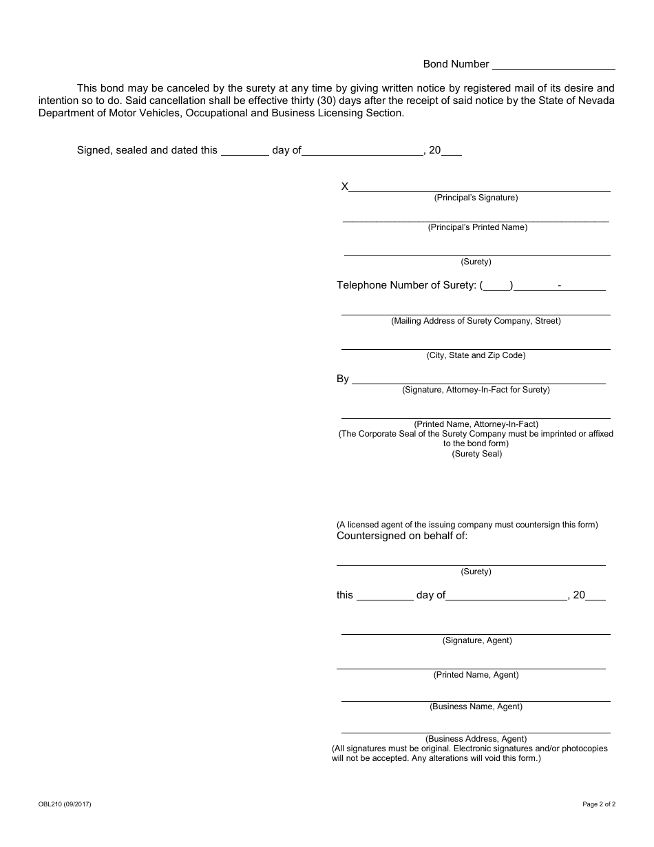 Form OBL210 Vehicle Industry Business License Bond - Nevada, Page 2