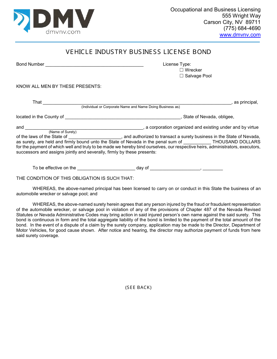 Form OBL262 Vehicle Industry Business License Bond - Wrecker, Salvage Pool - Nevada, Page 1