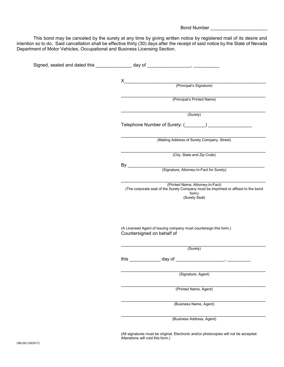 Form OBL262 Vehicle Industry Business License Bond - Wrecker, Salvage Pool - Nevada, Page 2