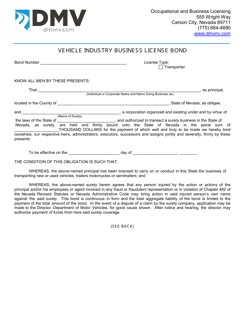 Form OBL332 Vehicle Industry Business License Bond - Transporter - Nevada, Page 1