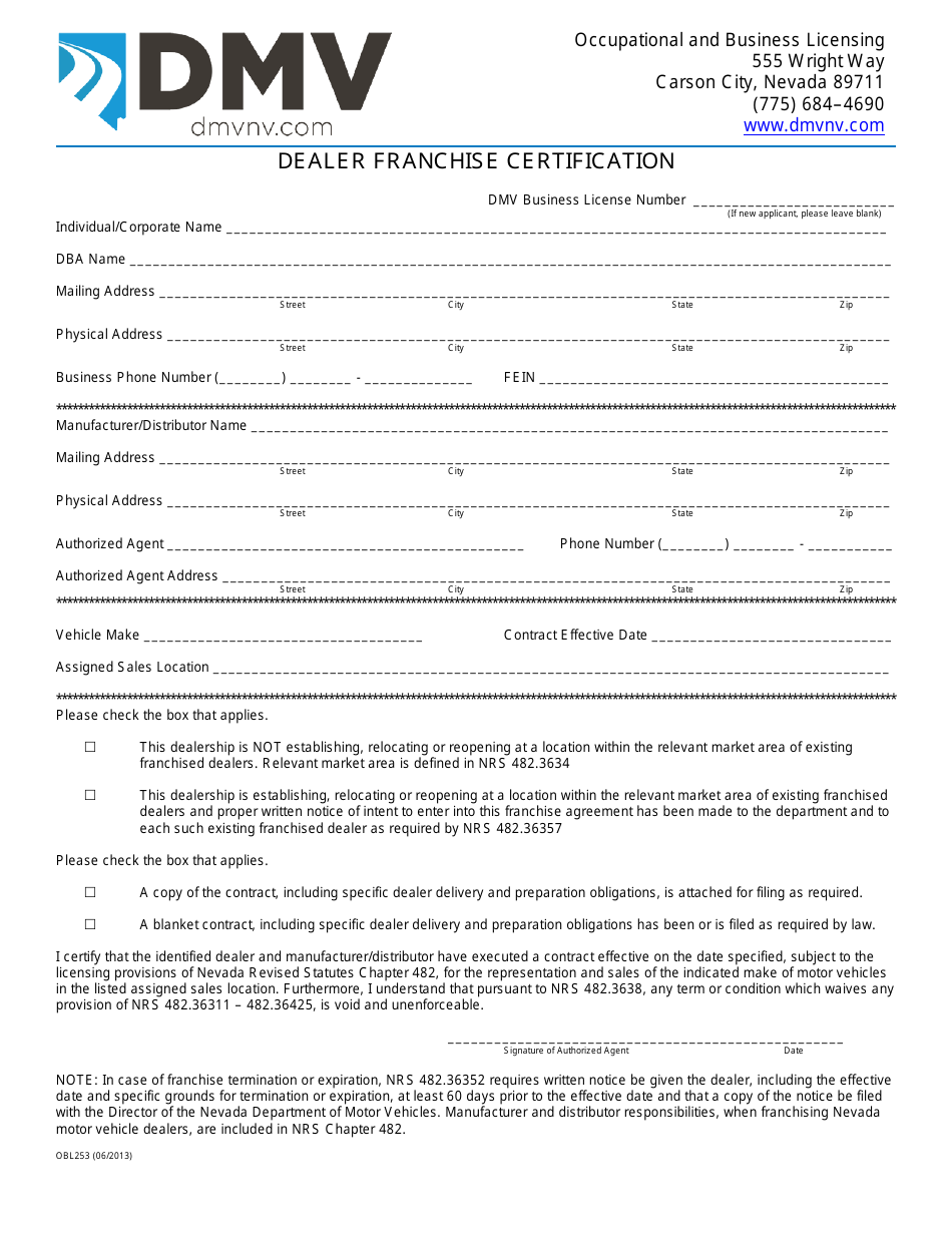 Form OBL253 - Fill Out, Sign Online and Download Fillable PDF, Nevada ...