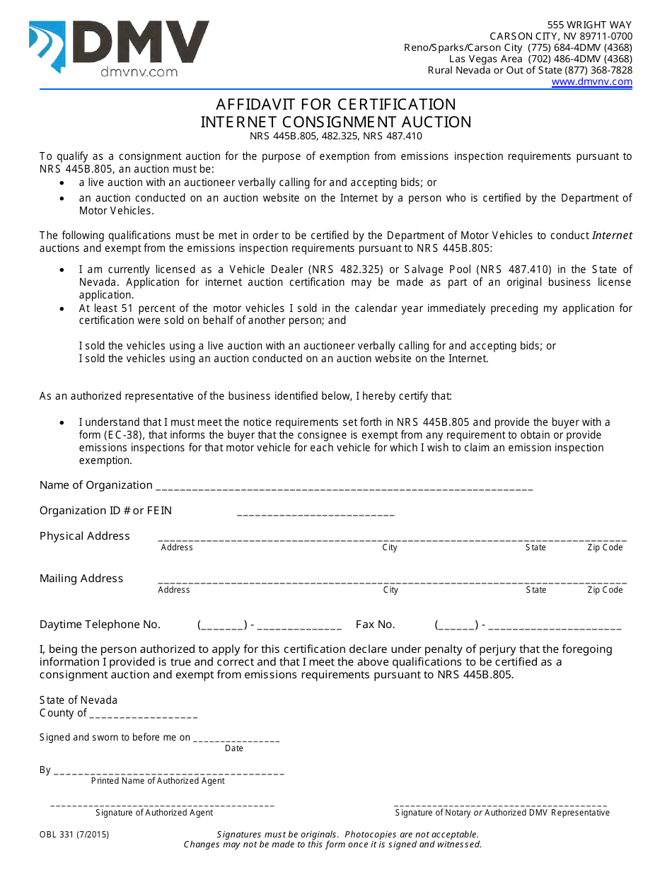 Form OBL331 Internet Consignment Auction Certification Affidavit - Nevada, Page 1