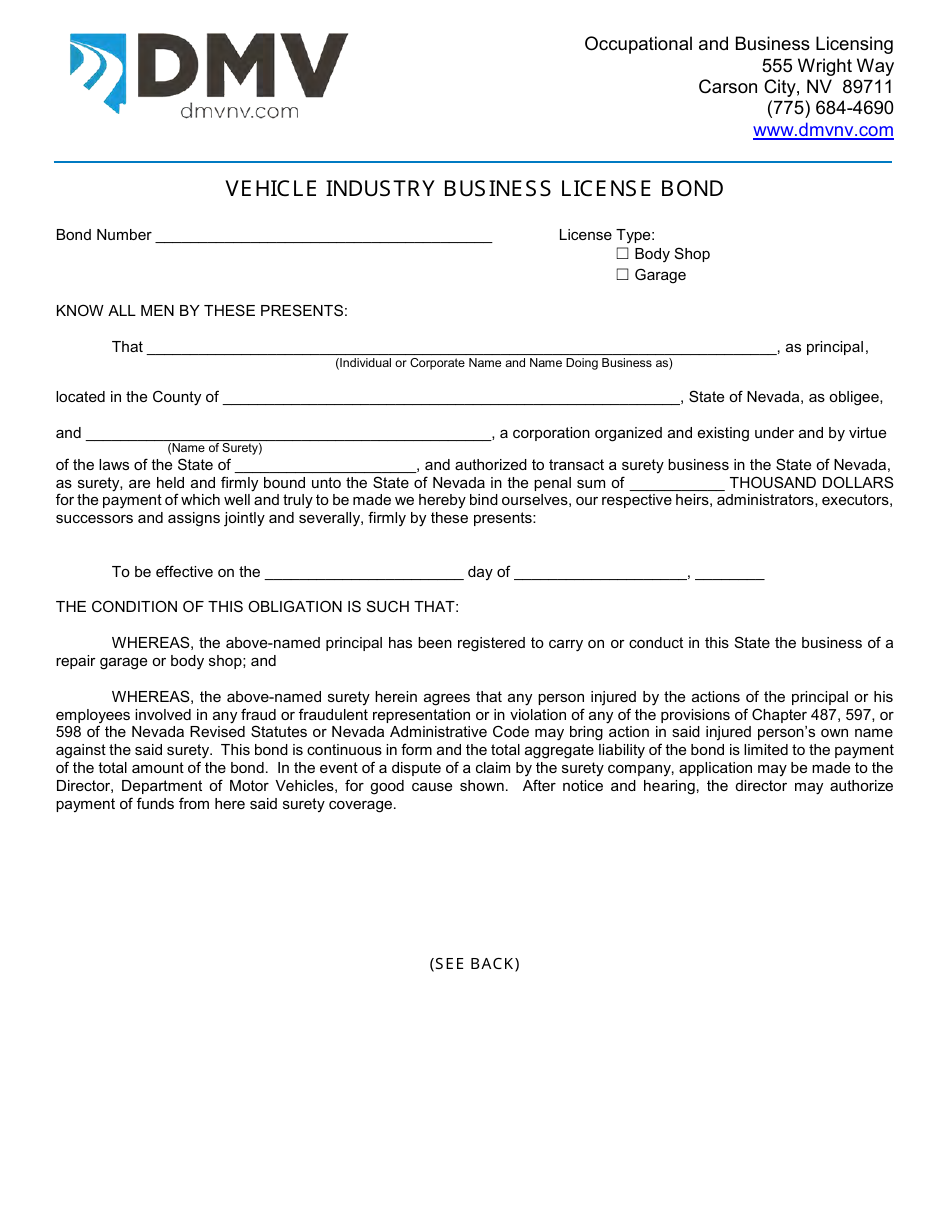 Form OBL269 Vehicle Industry Business License Bond - Body Shop, Garage - Nevada, Page 1